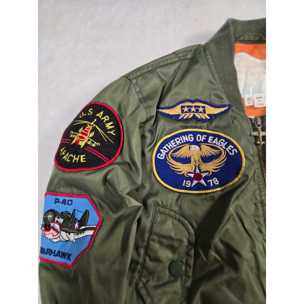 Kids 4T Flight Bomber Jacket Olive Green Military Patches Aviator Top Gun - Picture 2 of 10
